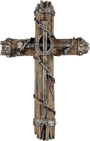 Urbalabs Barbwire Horseshoe and Railroad Nail Spike on Distressed Western Plank 14" Wall Hanging Cross Country Rustic Wall Decor Western Cowboy Art Room Decoration for Office Home in Kuwait