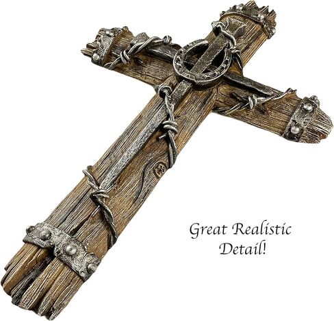 Urbalabs Barbwire Horseshoe and Railroad Nail Spike on Distressed Western Plank 14" Wall Hanging Cross Country Rustic Wall Decor Western Cowboy Art Room Decoration for Office Home in Kuwait
