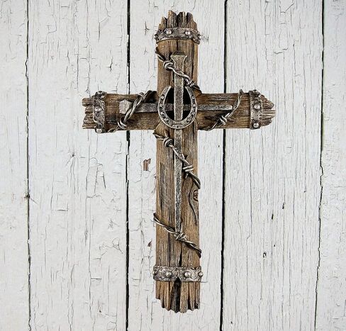 Urbalabs Barbwire Horseshoe and Railroad Nail Spike on Distressed Western Plank 14" Wall Hanging Cross Country Rustic Wall Decor Western Cowboy Art Room Decoration for Office Home in Kuwait
