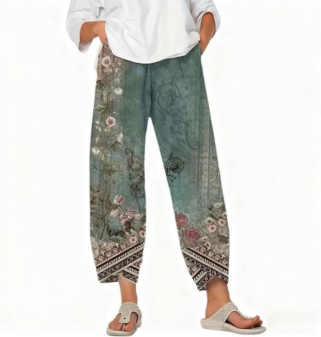 Chic Retro Floral Casual Pants with a Comfortable Elastic Waistband and Pockets,Retro Printed Stretch High-Rise Wide-Leg Pant in Saudi Arabia