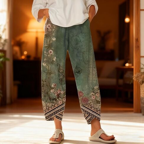 Chic Retro Floral Casual Pants with a Comfortable Elastic Waistband and Pockets,Retro Printed Stretch High-Rise Wide-Leg Pant in Saudi Arabia