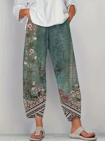 Chic Retro Floral Casual Pants with a Comfortable Elastic Waistband and Pockets,Retro Printed Stretch High-Rise Wide-Leg Pant in Saudi Arabia