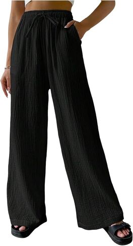 SHENHE Women's Wide Leg Pants with Pockets High Waist Drawstring Casual Textured Travel Pants in Saudi Arabia