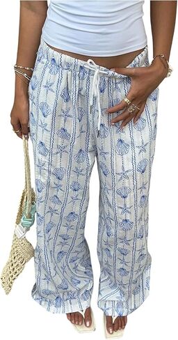 MakeMeChic Women's Pants Starfish Wide Leg Elastic Waist Tie Front Drawstring Boho Trousers in Kuwait