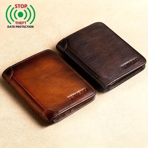 1Pc Men's Genuine Leather Short Wallet, Casual Style Three-Fold Design, Multiple Card Slots, Anti-Theft Protection, Durable & Stylish for Everyday Use, Secure Card Holder Casual Wallet in Saudi Arabia