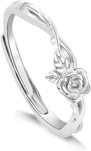 Tiny Rose Flower S925 Sterling Silver Ring - Adjustable Stacking Floral Leaf Knuckle Joint Finger Rings Open Thin Statement Wedding Engagement Promise Band Cute Birthday Jewelry for Women Daughter in Saudi Arabia