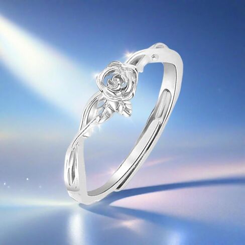 Tiny Rose Flower S925 Sterling Silver Ring - Adjustable Stacking Floral Leaf Knuckle Joint Finger Rings Open Thin Statement Wedding Engagement Promise Band Cute Birthday Jewelry for Women Daughter in Saudi Arabia