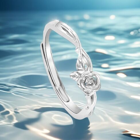 Tiny Rose Flower S925 Sterling Silver Ring - Adjustable Stacking Floral Leaf Knuckle Joint Finger Rings Open Thin Statement Wedding Engagement Promise Band Cute Birthday Jewelry for Women Daughter in Saudi Arabia