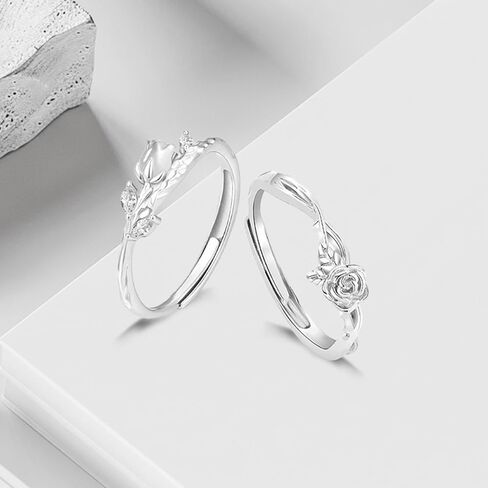 Tiny Rose Flower S925 Sterling Silver Ring - Adjustable Stacking Floral Leaf Knuckle Joint Finger Rings Open Thin Statement Wedding Engagement Promise Band Cute Birthday Jewelry for Women Daughter in Saudi Arabia