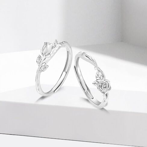 Tiny Rose Flower S925 Sterling Silver Ring - Adjustable Stacking Floral Leaf Knuckle Joint Finger Rings Open Thin Statement Wedding Engagement Promise Band Cute Birthday Jewelry for Women Daughter in Saudi Arabia
