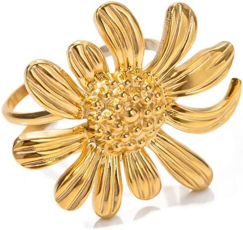 خواتم من الفولاذ المقاوم للصدأ مطلية بالذهب 18 قيراط للنساء مجموعة زهرة عباد الشمس وزهرة الزيتون بوهو خاتم سيتورتل مجوهرات in Kuwait