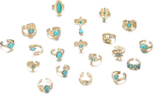 20Pcs Boho Turquoise Rings Set for Women Gold Silver Adjustable Vintage Bohemian Dainty Stacking Knuckle Rings Women's Retro Western Cowgirl Statement Jewelry in Saudi Arabia