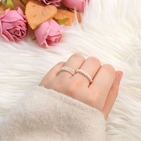 3 Pcs Pearl Rings for Women, Vintage Pearl Rings Stretch Beaded Stackable Ring Adjustable Thin Pearls Ring Statement Wedding Prom Dress Jewerly for Christmas Pearls Jewerly in Saudi Arabia