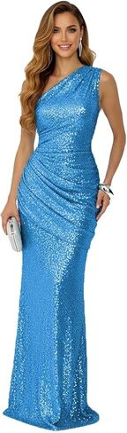 One Shoulder Sequin Prom Dress Long Ball Gown 2026 Sparkly Mermaid Pleated Sleeveless Maxi Formal Evening Dress in Kuwait
