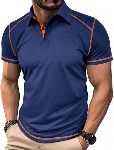 Men's Short Sleeve Polo Shirt Color Block Trim with Contrast Stitch Classic Collar Casual Top in Saudi Arabia