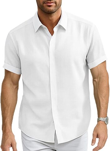 Linen Cotton Button Down Shirt for Men - Men Shirts Short Sleeve - Men's Shirt for Beach Wear - Summer Wear - S to 3XL in Saudi Arabia