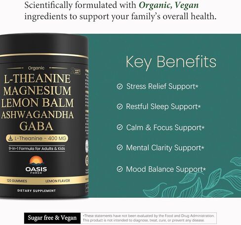 حلوى ل-ثيانين 400 ملغ، مكمل إل ثيانين للأطفال والكبار مع جليسينات المغنيسيوم، غابا، أشواغاندا، لثيانين قابل للمضغ من أجل نوم مريح، دعم الإجهاد، الاسترخاء، الهدوء، كمية تكفي 60 يومًا in Kuwait