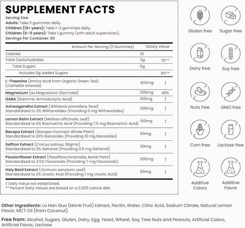 حلوى ل-ثيانين 400 ملغ، مكمل إل ثيانين للأطفال والكبار مع جليسينات المغنيسيوم، غابا، أشواغاندا، لثيانين قابل للمضغ من أجل نوم مريح، دعم الإجهاد، الاسترخاء، الهدوء، كمية تكفي 60 يومًا in Kuwait