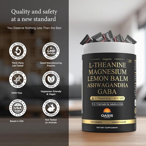 حلوى ل-ثيانين 400 ملغ، مكمل إل ثيانين للأطفال والكبار مع جليسينات المغنيسيوم، غابا، أشواغاندا، لثيانين قابل للمضغ من أجل نوم مريح، دعم الإجهاد، الاسترخاء، الهدوء، كمية تكفي 60 يومًا in Kuwait