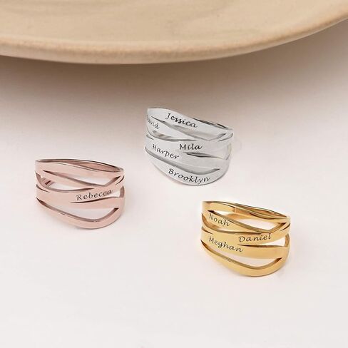 Personalized Margeaux Custom Name Ring in 0.925 Sterling Silver, 18K Gold & Rose Plated - Engraved Wave Band Design For Mother's Day, Christmas - Dainty Jewelry for Women, Mom, Her, Grandma, Wife - by MYKA in Saudi Arabia