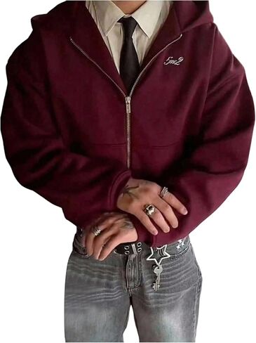سترة بقلنسوة للرجال من GORGLITTER بتصميم Y2k مطرزة بسحّاب، سترة بقلنسوة فضفاضة in Saudi Arabia