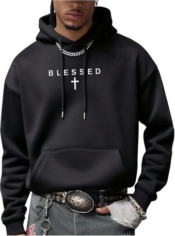 Men's Letter Graphic Hoodies Long Sleeve Drawstring Pullover Sweatshirts Fall Clothes in Saudi Arabia