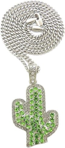 NYFASHION101 Green Stone Stud Cactus Plant Pendant Pendant with 4mm Cuban Chain Necklace in Saudi Arabia