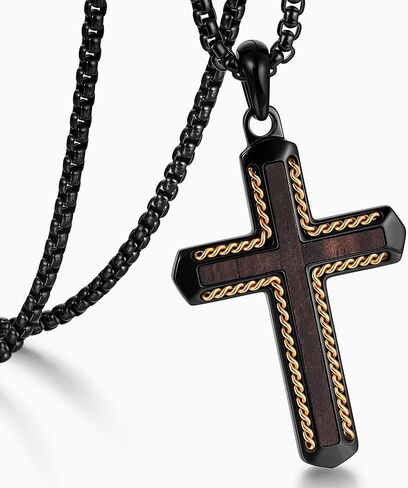 Wooden Cross Necklace for Men -Black Ebony Stainless Steel Adjustable Box Chain 24-26in, Spiritual Jewelry Gift for Him, Everyday Wear in Kuwait