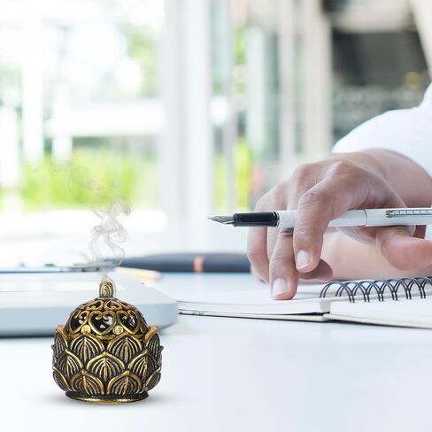قطعتان من حامل بخور اللوتس من النحاس النقي، مبخرة مخروطية ذهبية سوداء، حامل مخروطي من النحاس لديكور المنزل (11.8 × 11 بوصة) in Kuwait