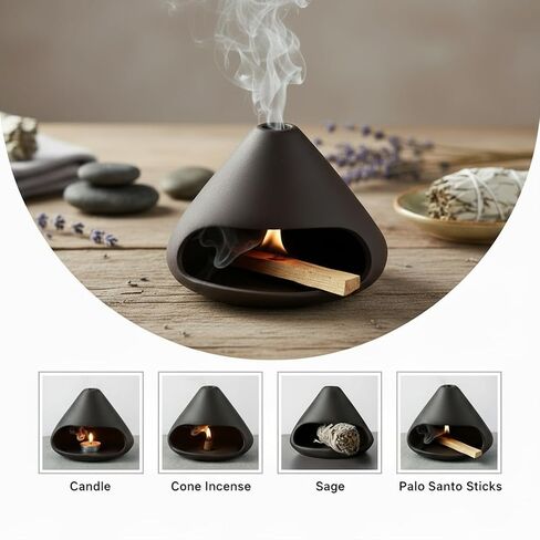 Palo Santo Holder Incense Burner,Sage Sticks Incense Holder,Zongzi Clay Smudge Bowl with Chimney,Mini Cone Ceramic Fireplace for Cedar,Yoga,Sleep,Home Decor,Anxiety Relief Meditation for Women (Black) in Saudi Arabia