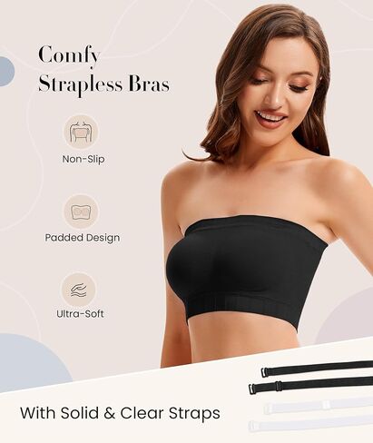 Wireless Strapless Bra for Women No Slip Silicone Grip Breathable Ribbed Bandeau Bra with Fixed Pads Fabric and Clear Straps in Saudi Arabia
