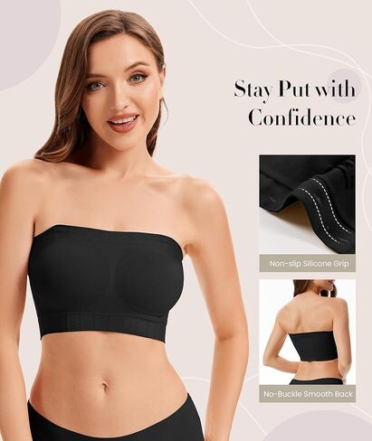 Wireless Strapless Bra for Women No Slip Silicone Grip Breathable Ribbed Bandeau Bra with Fixed Pads Fabric and Clear Straps in Saudi Arabia