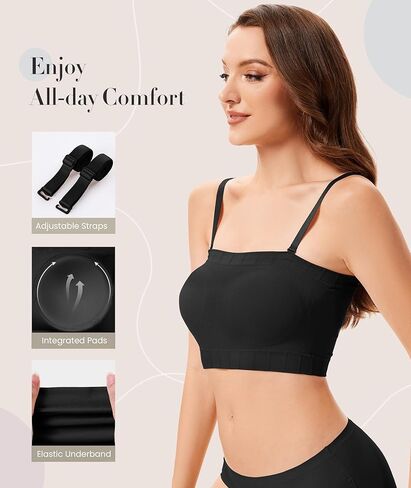 Wireless Strapless Bra for Women No Slip Silicone Grip Breathable Ribbed Bandeau Bra with Fixed Pads Fabric and Clear Straps in Saudi Arabia