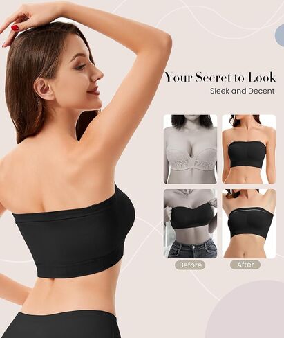 Wireless Strapless Bra for Women No Slip Silicone Grip Breathable Ribbed Bandeau Bra with Fixed Pads Fabric and Clear Straps in Saudi Arabia