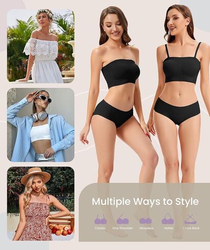 Wireless Strapless Bra for Women No Slip Silicone Grip Breathable Ribbed Bandeau Bra with Fixed Pads Fabric and Clear Straps in Saudi Arabia