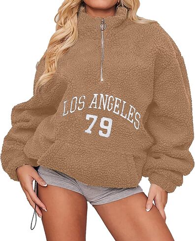 VILOVE Jersey Shirts for Women Y2k Number Graphic Sherpa Fleece Pullover Half Zip Oversized Jersey Casual Fuzzy Streetwear in Saudi Arabia