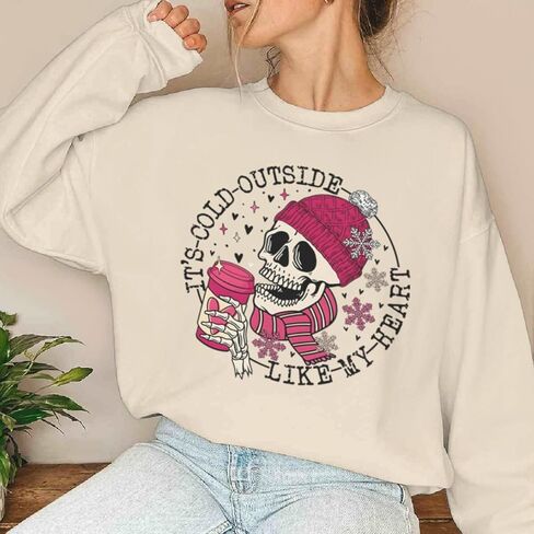 Skull It's Cold Outside Like My Heart Valentines Sweatshirts for Women Crewneck Pullovers Valentine's Day Gifts in Saudi Arabia