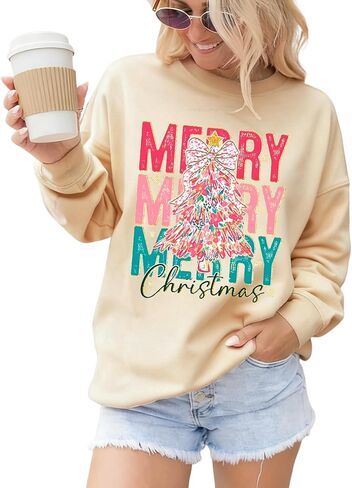 Women’s Christmas Sweatshirt Bow Merry Xmas Tree Crewneck Pullover Long Sleeve Sweater Oversized Tops Holiday Shirts in Kuwait