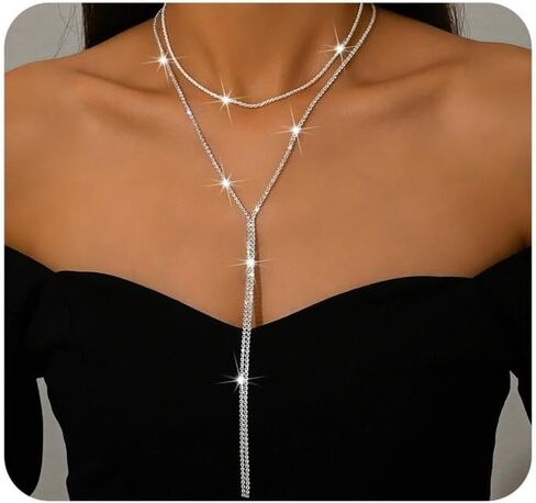 2Pcs Rhinestone Necklaces for Women,Bling Sparkling Black Crystal Choker Necklace,Dainty Layered Adjustable Long Y Necklac Prom Party Jewelry in Saudi Arabia