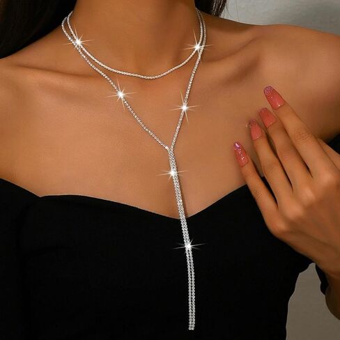 2Pcs Rhinestone Necklaces for Women,Bling Sparkling Black Crystal Choker Necklace,Dainty Layered Adjustable Long Y Necklac Prom Party Jewelry in Saudi Arabia