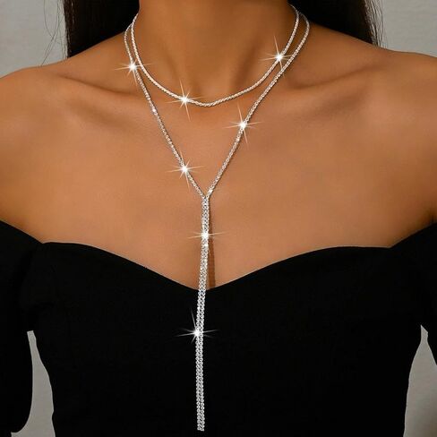 2Pcs Rhinestone Necklaces for Women,Bling Sparkling Black Crystal Choker Necklace,Dainty Layered Adjustable Long Y Necklac Prom Party Jewelry in Saudi Arabia