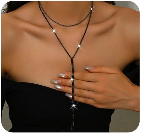 2Pcs Rhinestone Necklaces for Women,Bling Sparkling Black Crystal Choker Necklace,Dainty Layered Adjustable Long Y Necklac Prom Party Jewelry in Saudi Arabia
