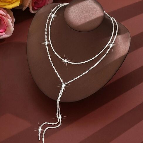 2Pcs Rhinestone Necklaces for Women,Bling Sparkling Black Crystal Choker Necklace,Dainty Layered Adjustable Long Y Necklac Prom Party Jewelry in Saudi Arabia