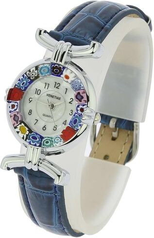 Glass Of Venice Murano Glass Millefiori Watch with Leather Band - Blue Multicolor in Saudi Arabia