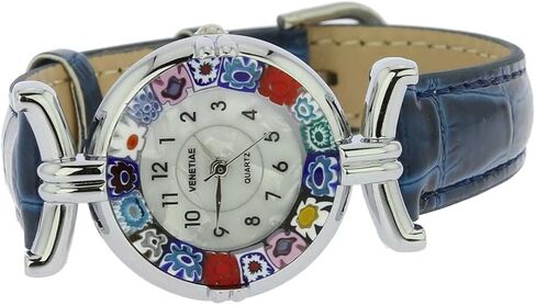 Glass Of Venice Murano Glass Millefiori Watch with Leather Band - Blue Multicolor in Saudi Arabia