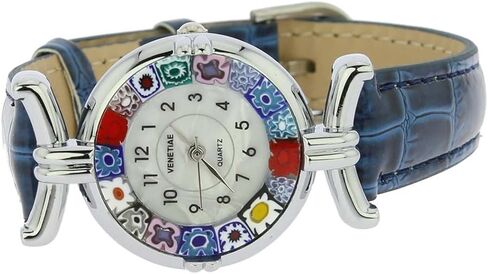 Glass Of Venice Murano Glass Millefiori Watch with Leather Band - Blue Multicolor in Saudi Arabia