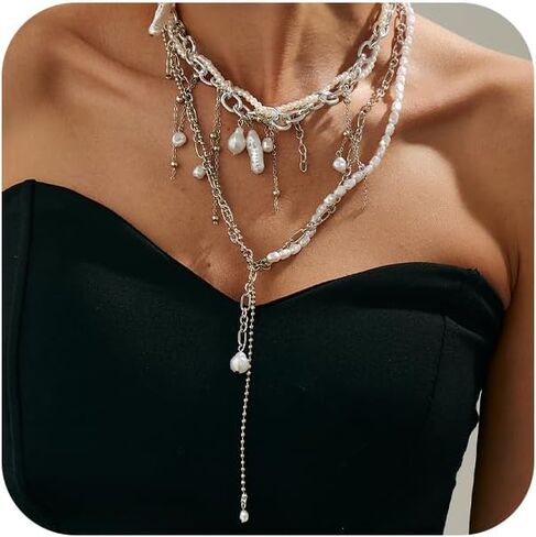 Dainty Layered Beads Irregular Pearl Choker Tassel Y Necklace for Women Trendy Unique Beaded Pearls Chain Necklaces Y2k Prom Party Jewelry Set Gifts in Saudi Arabia