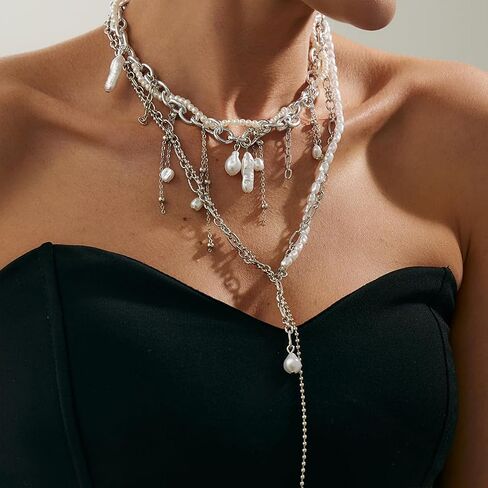 Dainty Layered Beads Irregular Pearl Choker Tassel Y Necklace for Women Trendy Unique Beaded Pearls Chain Necklaces Y2k Prom Party Jewelry Set Gifts in Saudi Arabia