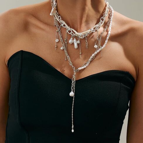 Dainty Layered Beads Irregular Pearl Choker Tassel Y Necklace for Women Trendy Unique Beaded Pearls Chain Necklaces Y2k Prom Party Jewelry Set Gifts in Saudi Arabia