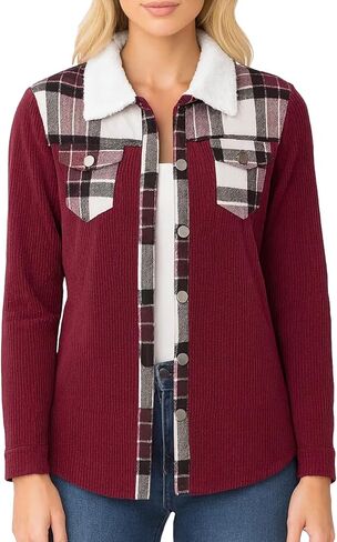 Womens Plaid Shacket Jacket Long Sleeve Button Up Casual Corduroy Jackets Fall Winter Warm Coat in Saudi Arabia